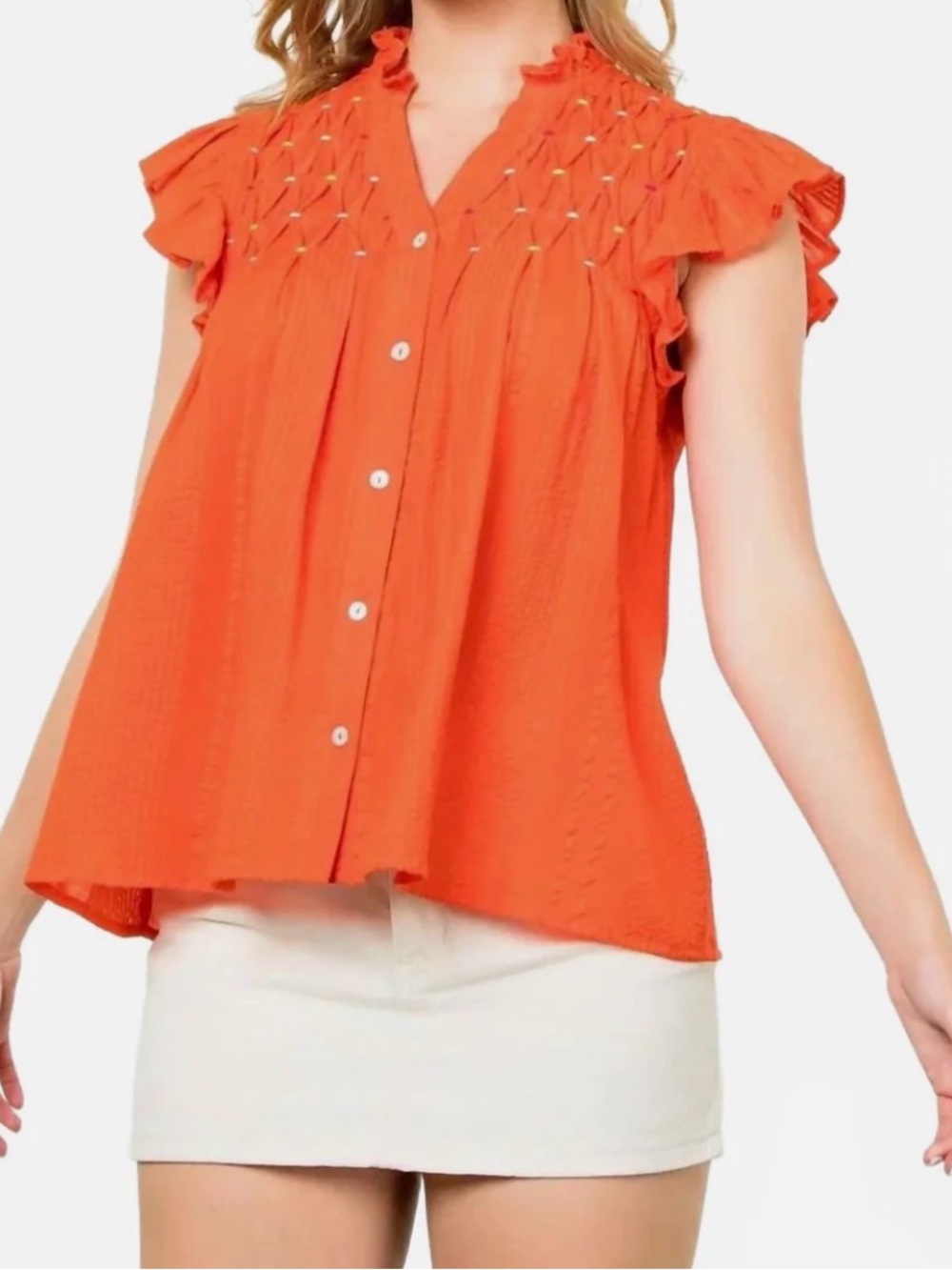 The Norah Embroidered
Button Down Shirt large / OrangeRed